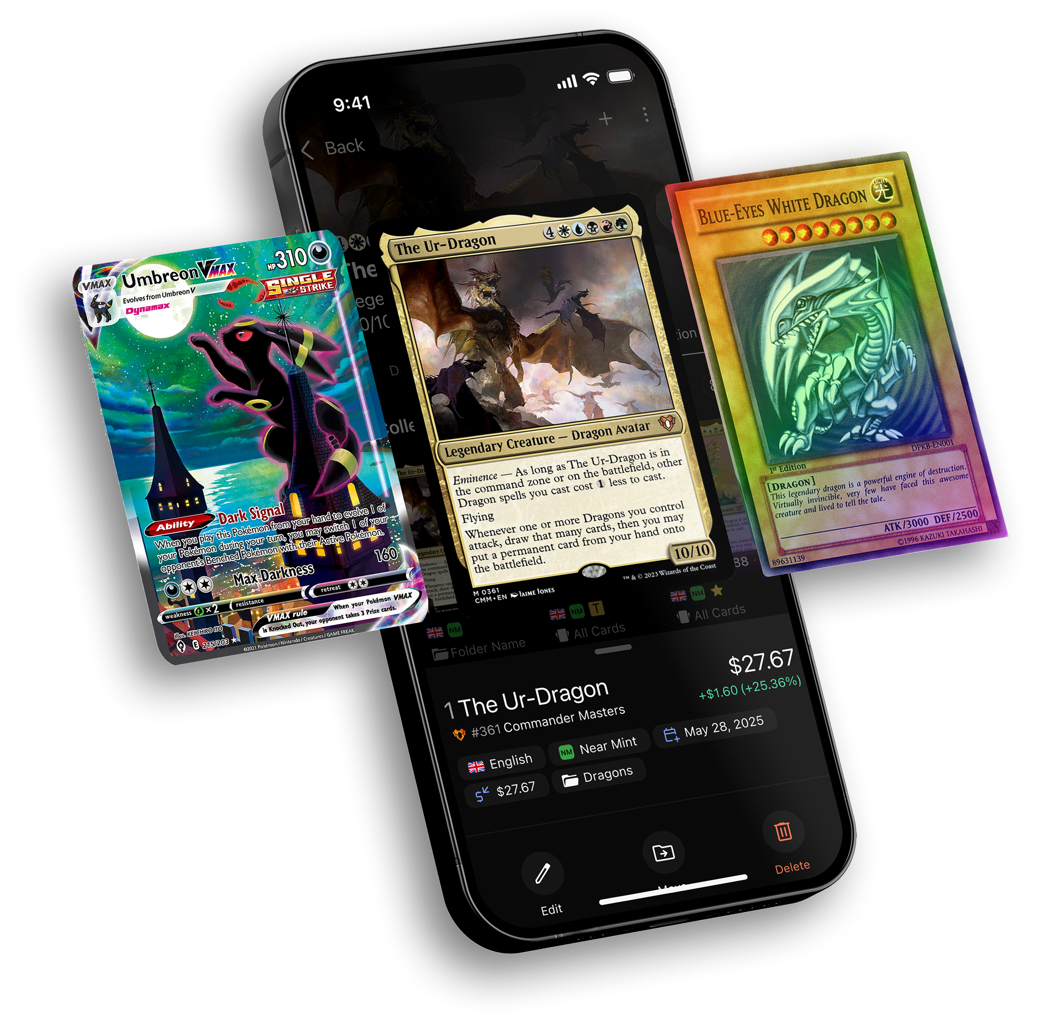 Mockup of a phone with 3 cards: 1 Umbreon (Pokemon), 1 The Ur-Dragon (MTG), 1 Blue-Eyes White Dragon (YGO)